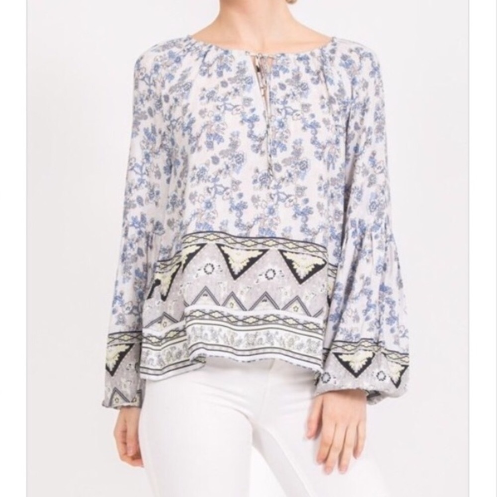Boho Floral Peasant Blouse Long Sleeve Rayon NWT